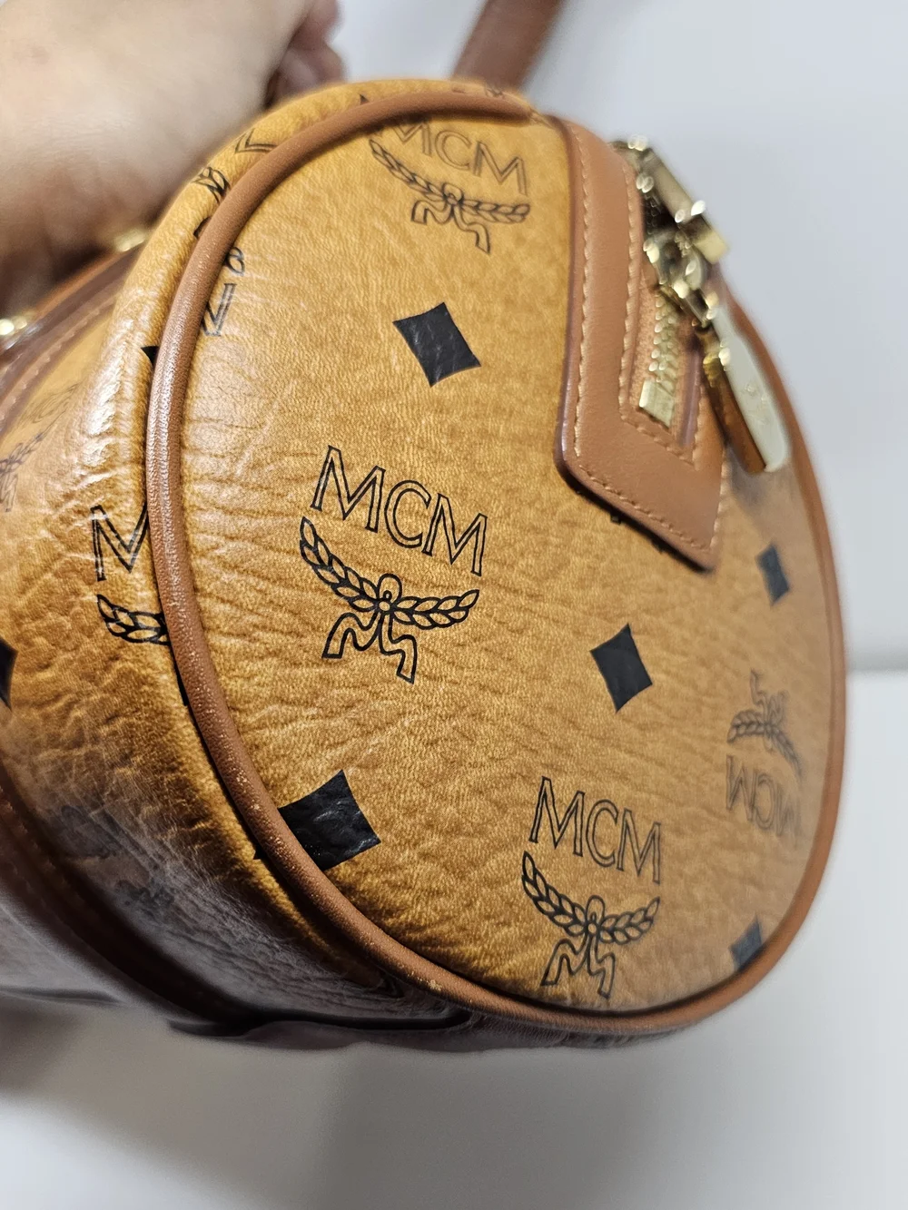 MCM Cognac Visetos Barrel Satchel Bag